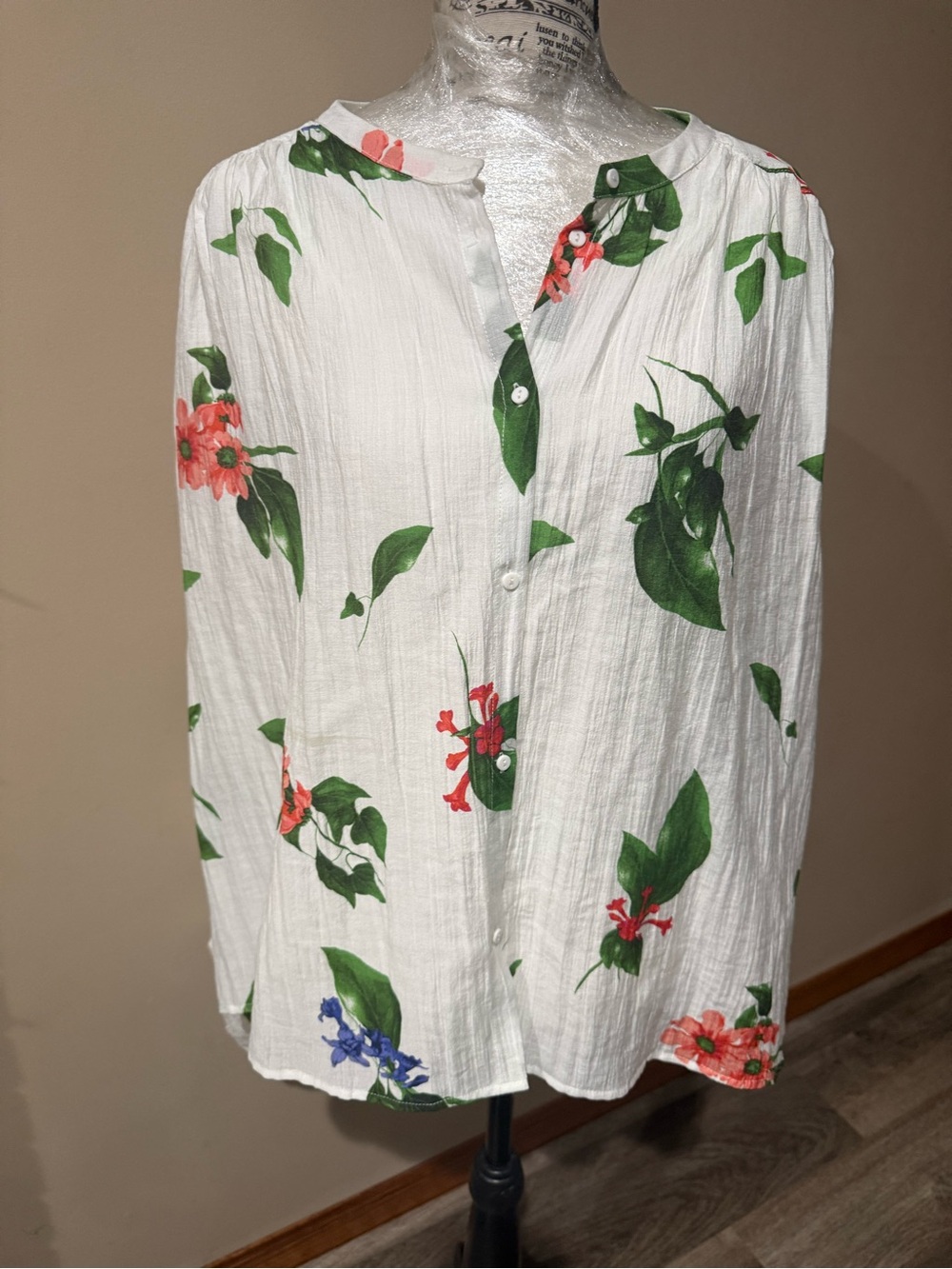 White Floral Button-Front Blouse with Green Leaf Print